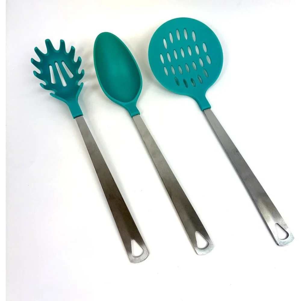 Kitchen Utensils Set: 3-piece Teal Silicone Pasta Server, Spoon, Slotted Skimmer